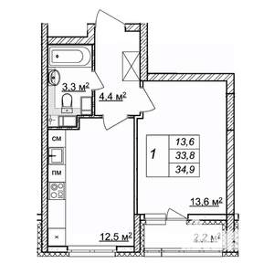 1-к квартира, строящийся дом, 35м2, 18/25 этаж