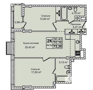 2-к квартира, вторичка, 72м2, 2/12 этаж