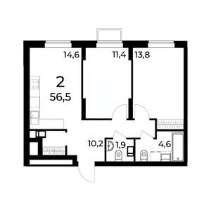 2-к квартира, вторичка, 57м2, 8/15 этаж