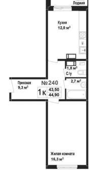 1-к квартира, вторичка, 44м2, 4/17 этаж