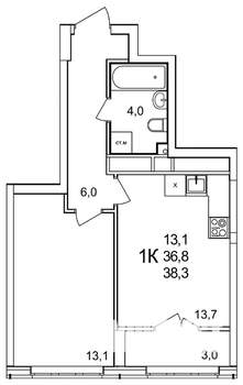 1-к квартира, строящийся дом, 38м2, 19/25 этаж