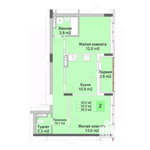 2-к квартира, строящийся дом, 55м2, 6/10 этаж