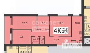 4-к квартира, вторичка, 73м2, 6/12 этаж