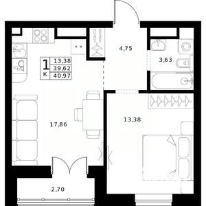 1-к квартира, строящийся дом, 41м2, 22/24 этаж