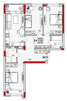 3-к квартира, сданный дом, 79м2, 1/4 этаж