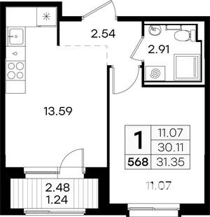 1-к квартира, вторичка, 31м2, 7/9 этаж