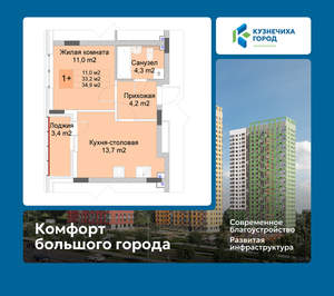 1-к квартира, вторичка, 35м2, 1/10 этаж