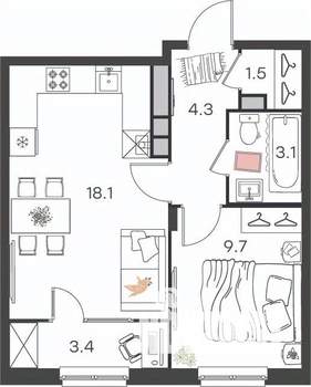 1-к квартира, вторичка, 40м2, 3/4 этаж