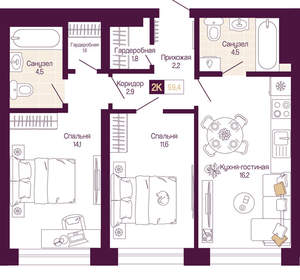2-к квартира, вторичка, 59м2, 13/25 этаж