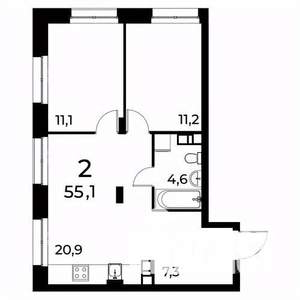 2-к квартира, вторичка, 55м2, 7/20 этаж