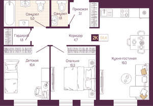 2-к квартира, вторичка, 56м2, 4/19 этаж