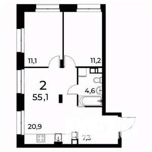 2-к квартира, вторичка, 55м2, 5/20 этаж