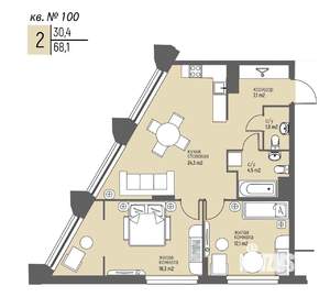 2-к квартира, вторичка, 68м2, 8/25 этаж