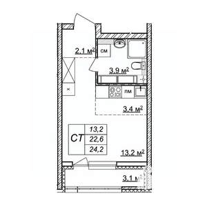 Студия квартира, строящийся дом, 24м2, 12/25 этаж