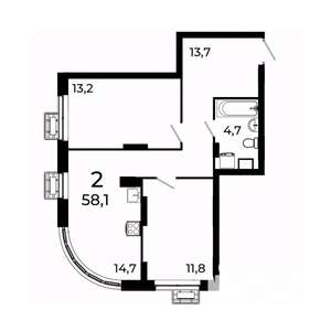 2-к квартира, вторичка, 58м2, 17/19 этаж
