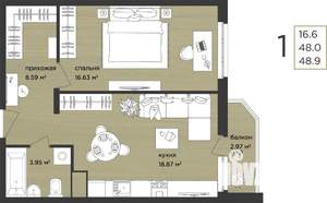 1-к квартира, строящийся дом, 49м2, 2/15 этаж