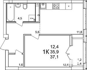 1-к квартира, вторичка, 37м2, 2/25 этаж