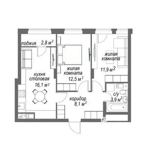 2-к квартира, строящийся дом, 55м2, 8/9 этаж