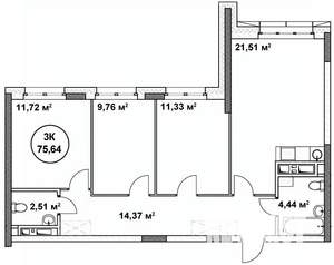 3-к квартира, строящийся дом, 76м2, 20/22 этаж