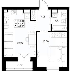 1-к квартира, строящийся дом, 41м2, 12/24 этаж