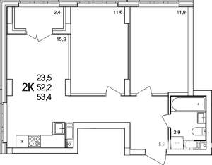 2-к квартира, вторичка, 53м2, 17/19 этаж