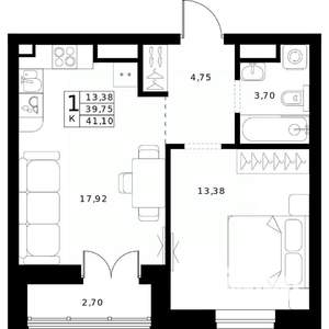 1-к квартира, строящийся дом, 41м2, 17/24 этаж