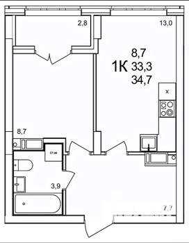 1-к квартира, вторичка, 35м2, 11/19 этаж