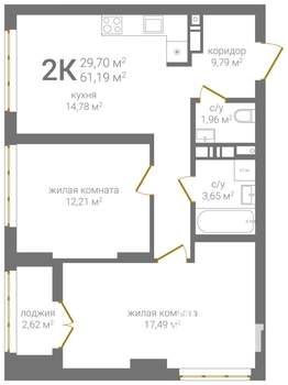 2-к квартира, вторичка, 61м2, 19/25 этаж