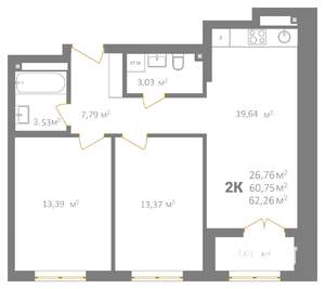 2-к квартира, вторичка, 62м2, 2/18 этаж