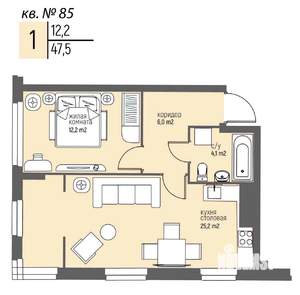 1-к квартира, вторичка, 48м2, 7/25 этаж