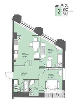 2-к квартира, вторичка, 60м2, 3/25 этаж