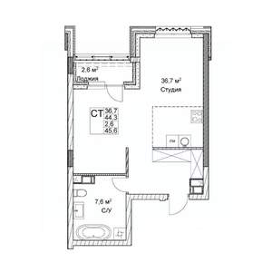 Студия квартира, вторичка, 44м2, 5/9 этаж