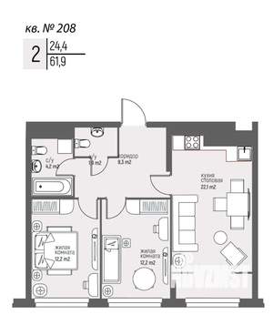 2-к квартира, вторичка, 62м2, 20/25 этаж
