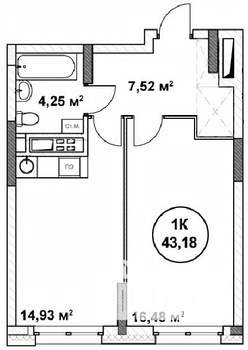1-к квартира, вторичка, 43м2, 17/22 этаж