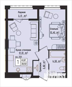 1-к квартира, вторичка, 42м2, 10/15 этаж