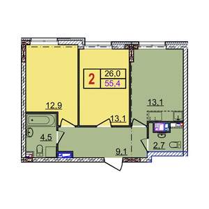 2-к квартира, вторичка, 55м2, 11/18 этаж