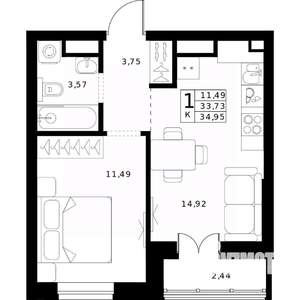1-к квартира, строящийся дом, 35м2, 14/24 этаж
