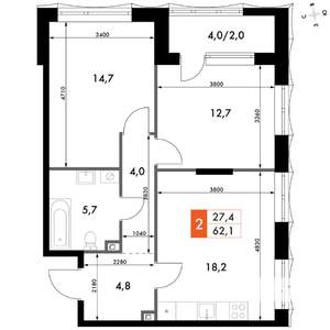 2-к квартира, вторичка, 62м2, 5/16 этаж