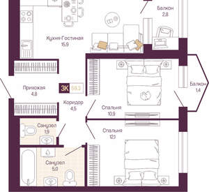 2-к квартира, вторичка, 65м2, 3/19 этаж