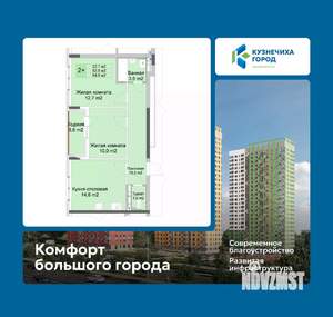 2-к квартира, вторичка, 55м2, 9/10 этаж