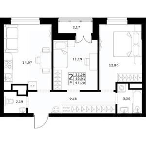 2-к квартира, строящийся дом, 55м2, 16/24 этаж