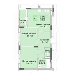 2-к квартира, строящийся дом, 53м2, 7/10 этаж