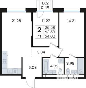 2-к квартира, вторичка, 64м2, 3/13 этаж