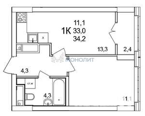 1-к квартира, вторичка, 34м2, 8/25 этаж