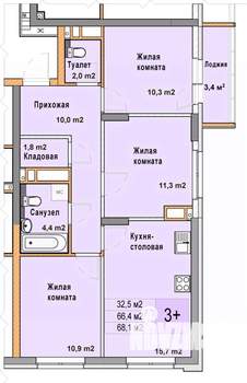 3-к квартира, вторичка, 68м2, 9/25 этаж