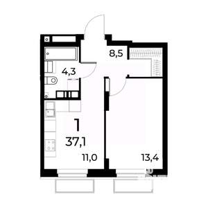 1-к квартира, вторичка, 37м2, 8/15 этаж