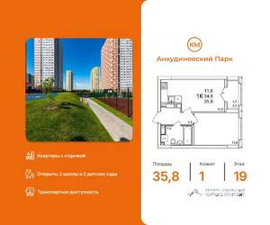 1-к квартира, вторичка, 36м2, 19/25 этаж