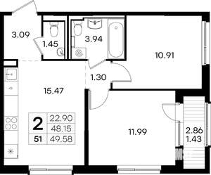 2-к квартира, вторичка, 50м2, 5/9 этаж
