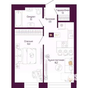 1-к квартира, вторичка, 40м2, 2/12 этаж