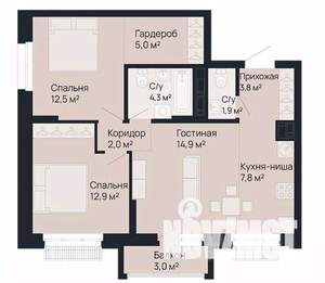 2-к квартира, строящийся дом, 66м2, 3/9 этаж